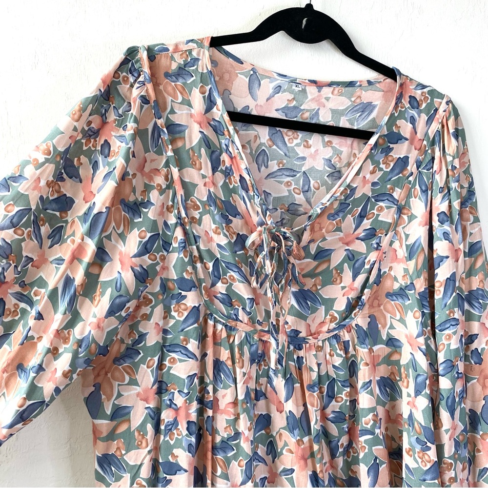 LAST CHANCE SALE!Double Tie Front Boho Floral Print Peasant Long Sleeve Blouse - Picture 6 of 11